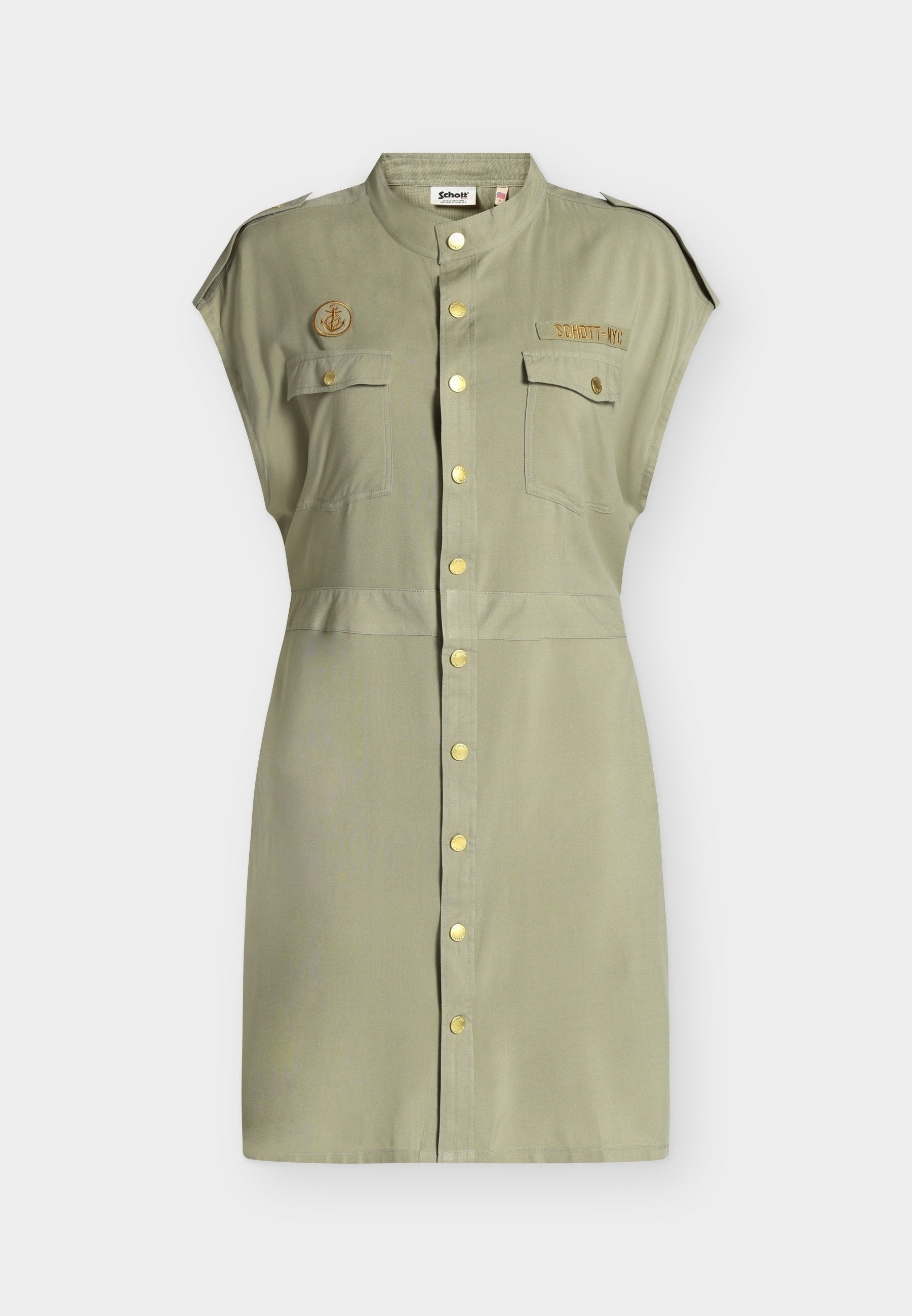 Ärmelloses olivgrünes Hemdkleid mit goldenen Knöpfen, zwei Brusttaschen mit Klappe, Schulterklappen und bestickten Abzeichen auf der Brust.