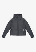 Grau gepolsterte Jacke mit Kapuze, ausgestattet mit einem Frontreißverschluss, zwei seitlichen Taschen und elastischen Bündchen für Wärme und Komfort.