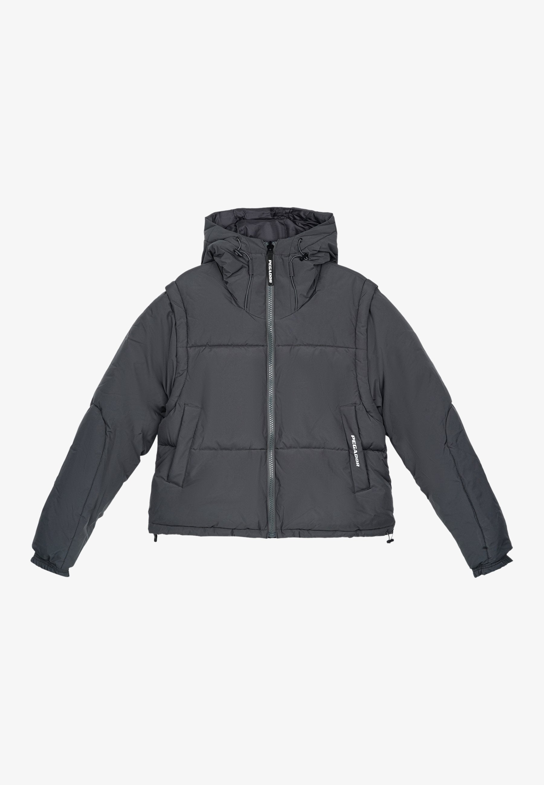 Grau gepolsterte Jacke mit Kapuze, ausgestattet mit einem Frontreißverschluss, zwei seitlichen Taschen und elastischen Bündchen für Wärme und Komfort.