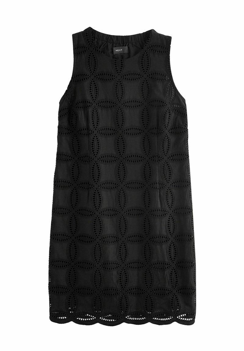 Ärmelloses schwarzes Kleid mit kreisförmigem Ausschnitt, Spitzenmuster, rundem Ausschnitt und gewelltem Saum.