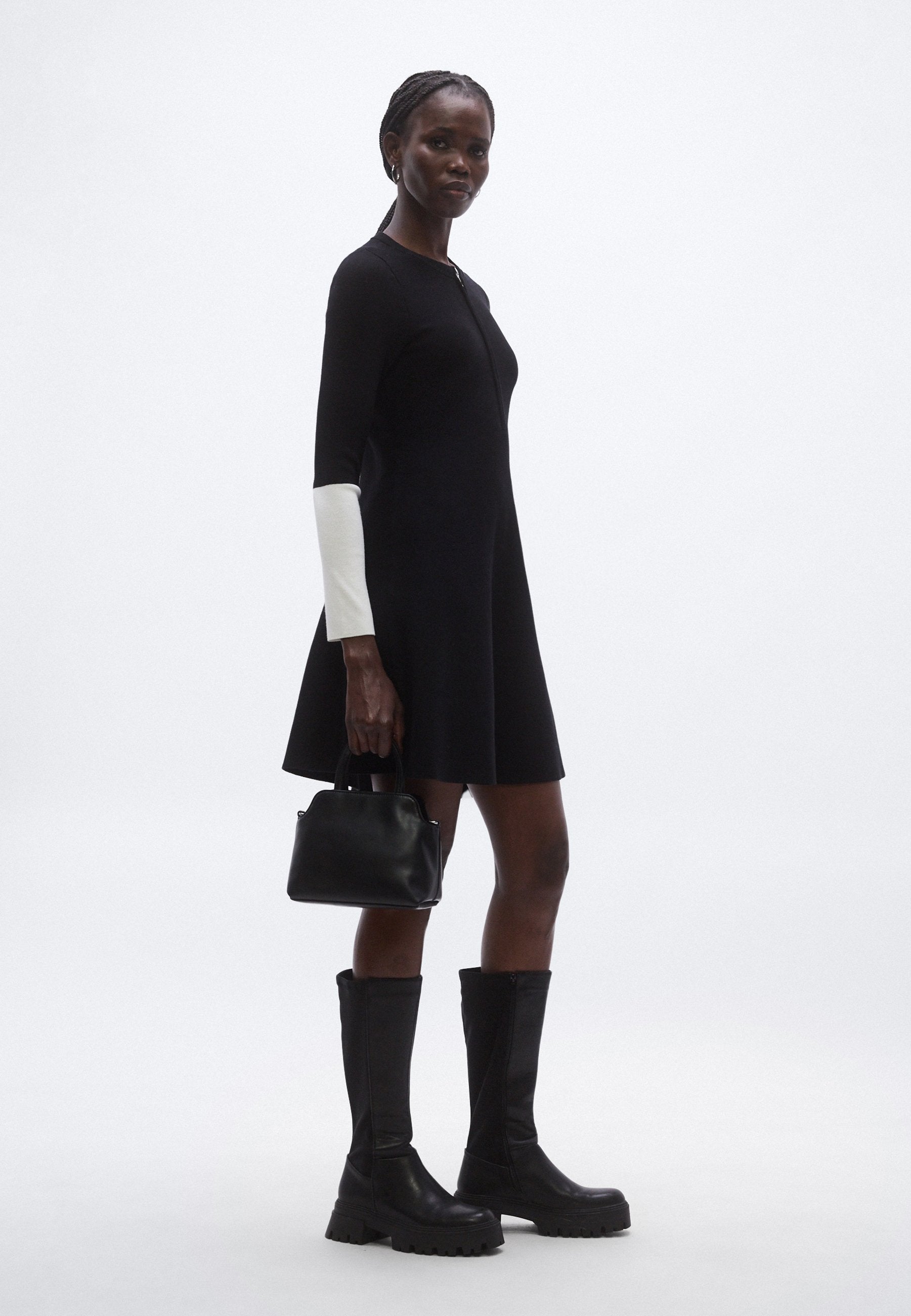 DKNY ZIP FRONT CONE SWEATER DRESS WITH DIPPED SLEEVE