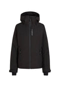 Schwarz isolierte Jacke mit Reißverschluss, verstellbarer Kapuze, zwei seitlichen Reißverschlusstaschen und einem Logo auf der linken Seite.