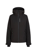 Schwarz isolierte Jacke mit Reißverschluss, verstellbarer Kapuze, zwei seitlichen Reißverschlusstaschen und einem Logo auf der linken Seite.