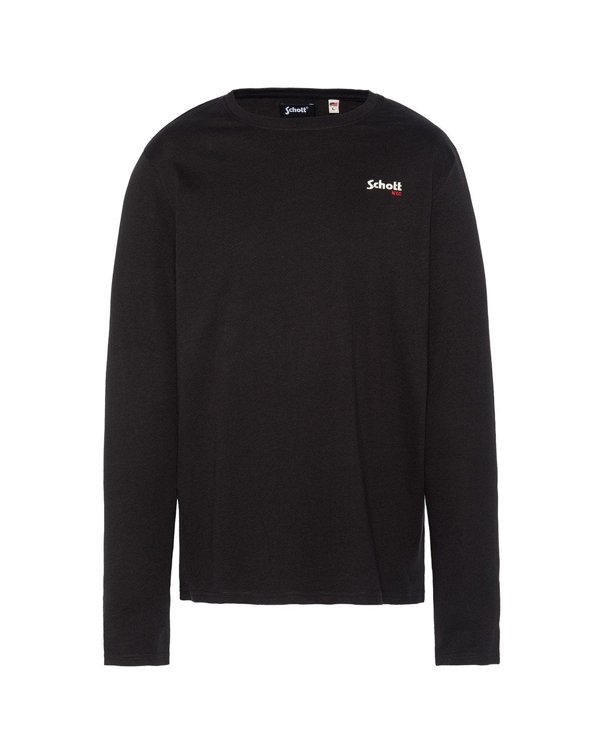 Schwarzes Langarm-T-Shirt aus Baumwolle mit Rundhalsausschnitt und kleinem roten "Schott"-Logo auf der Brust. Gerader Saum und einfaches Design.