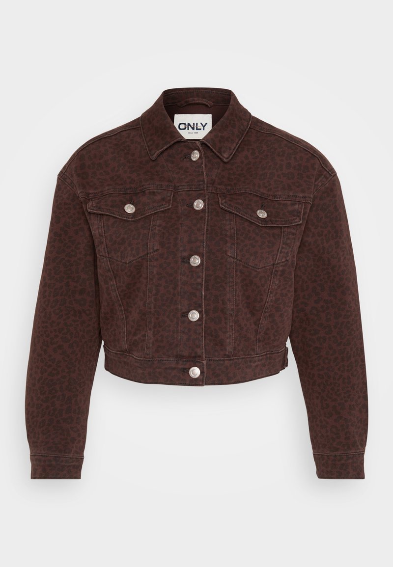 Braune Denimjacke mit Leopardenmuster. Verfügt über einen Kragen, ein kurzes Design, Fronttaschen, Knopfverschluss und silberne Hardware-Akzente.