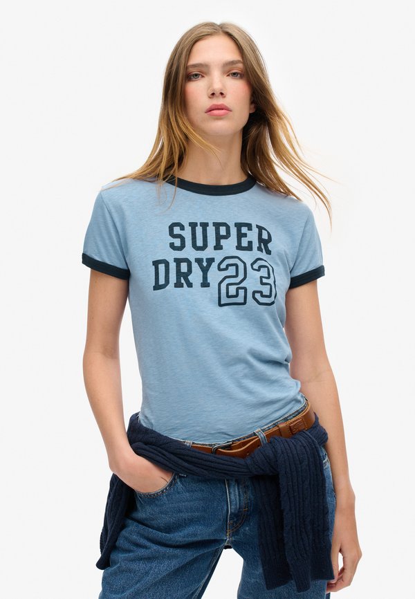Superdry & Co ATHLETIC ESSENTIALS RINGER - Print T-shirt - tidal blue slub