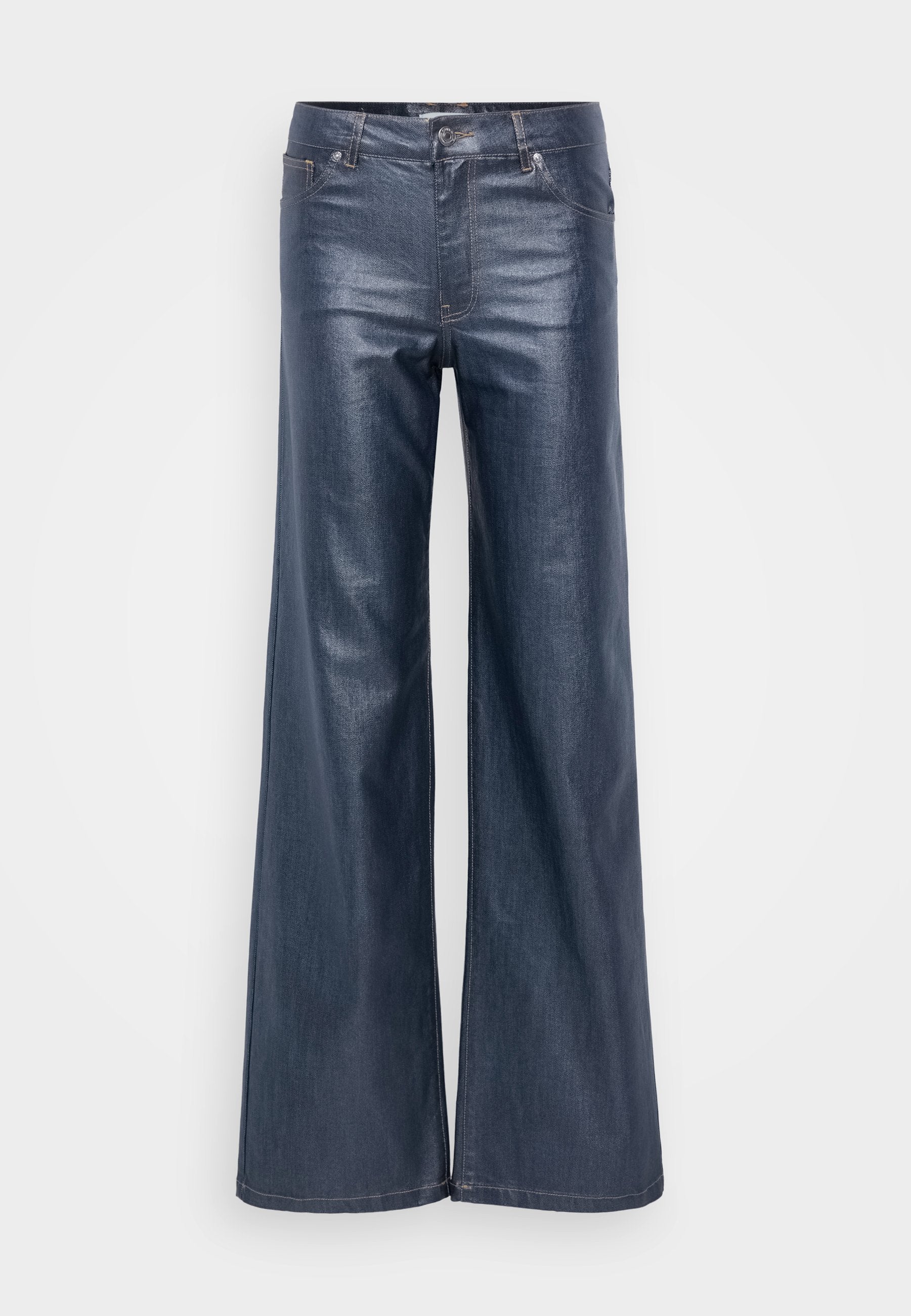 Weite, dunkle Denim-Jeans mit glatter Oberfläche, Fronttaschen und klassischem Knopf- und Reißverschluss. Minimalistisches Design ohne sichtbare Muster.