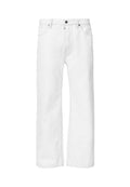 Weiße Jeans im geraden Schnitt mit standardmäßigem Fünf-Taschen-Design und Metallknopfverschluss an der Taille, mit tonalem Nähen.