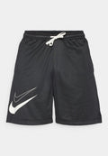 Schwarze Mesh-Sportshorts mit weißem Nike-Swoosh-Logo, elastischem Bund und verstellbarem Kordelzug. Leichtes und atmungsaktives Design.