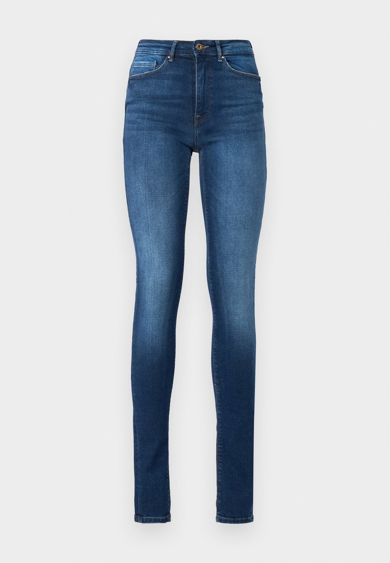 Schmale Jeans aus dunkelblauem Denim. Hoch geschnittenes Design mit fünf Taschen, Knopfverschluss und dezenten Verwaschungen entlang der Beine.