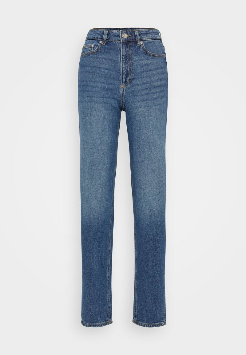 Hoch taillierte blaue Denim-Jeans mit geradem Bein, ausgestattet mit einem Knopfverschluss, Gürtelschlaufen und einer leicht abgetragenen Textur.