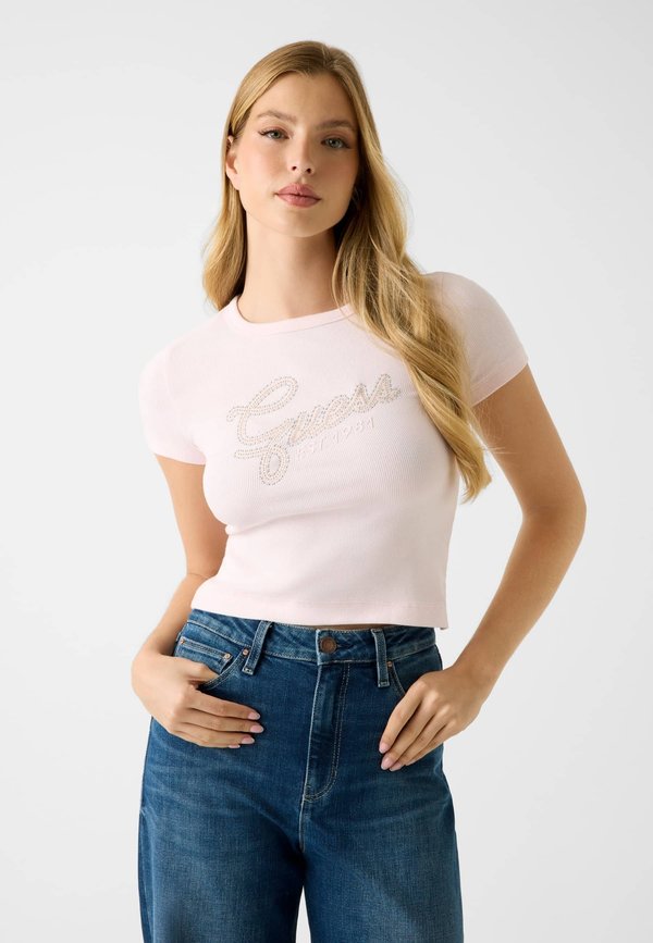 Guess STUDS SCRIPT TEE - Print T-shirt - rose