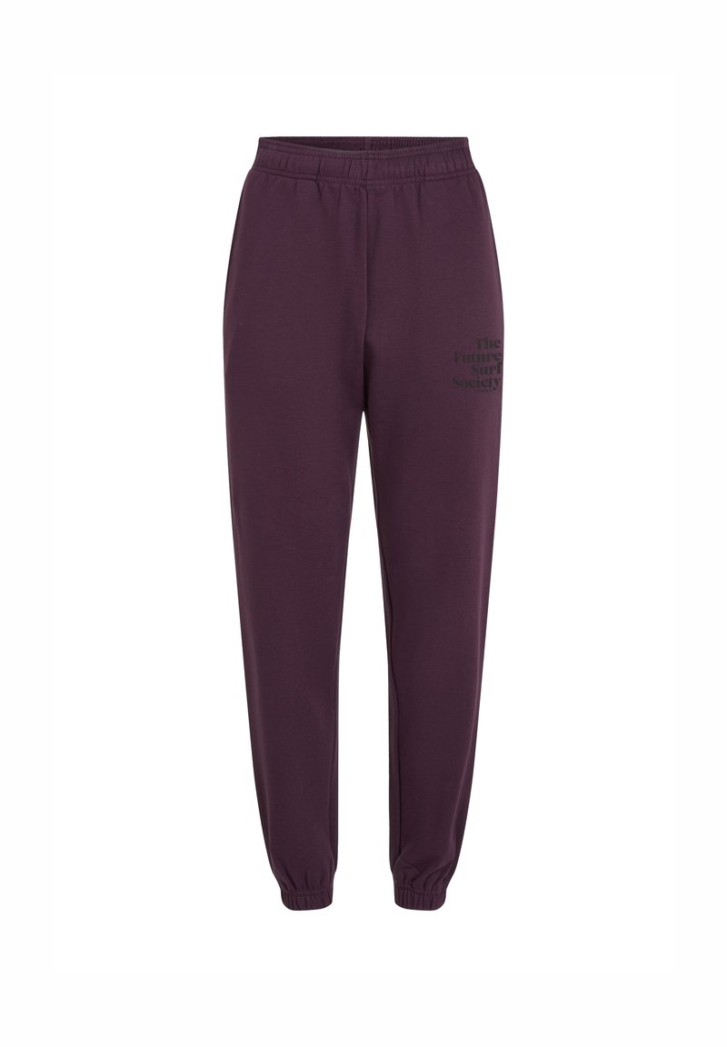 Violette Sweatpants mit elastischem Bund, gerippten Knöcheln und Seitentaschen. Mit dem Text "The Future Surf Society" in Schwarz an der Seite.