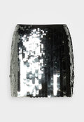 Schwarzer und silberner Pailletten-Minirock mit hoher Taille und reflektierender, glänzender Oberfläche.