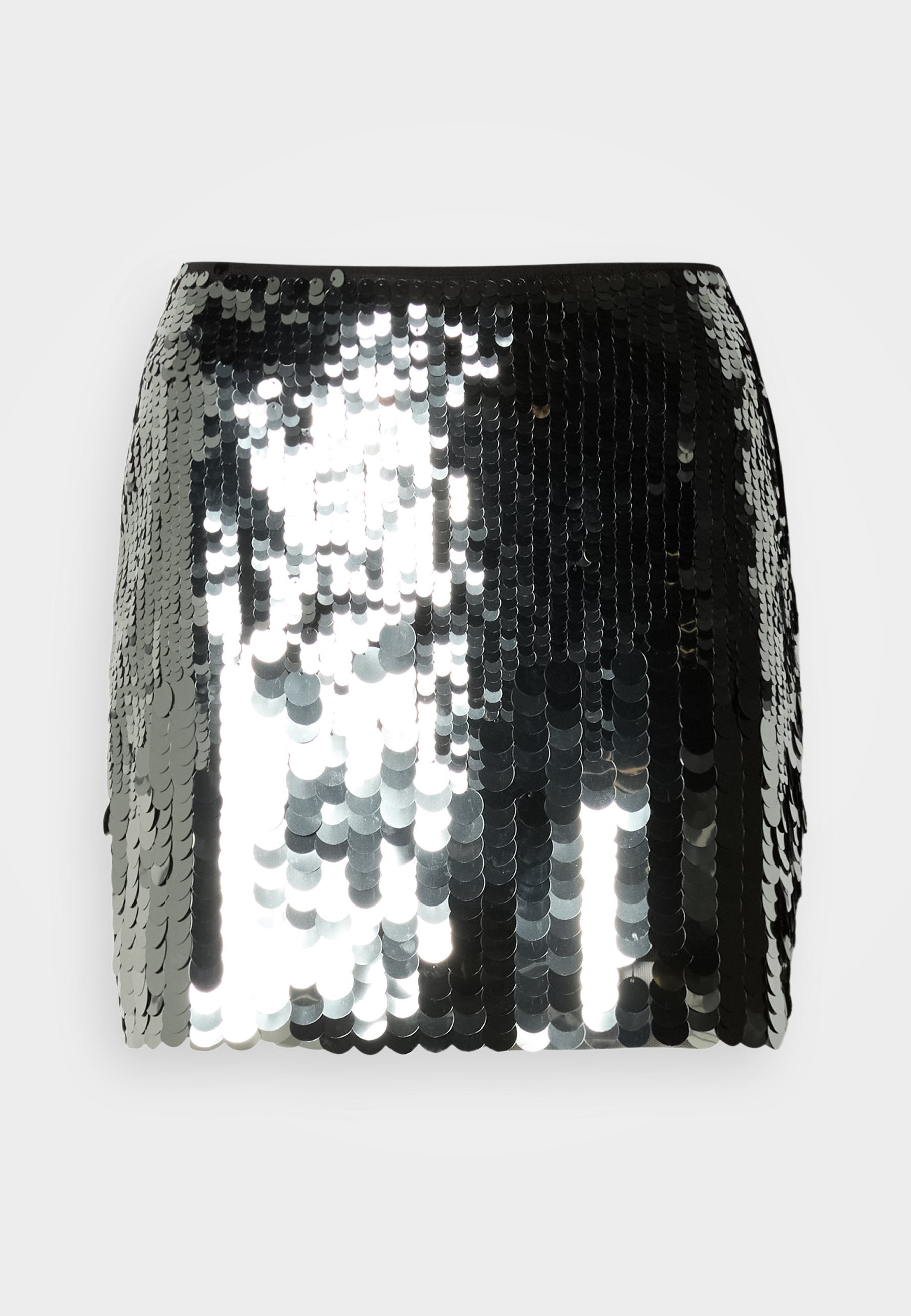 Schwarzer und silberner Pailletten-Minirock mit hoher Taille und reflektierender, glänzender Oberfläche.