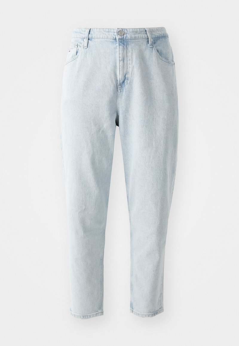Hellblaue Jeans aus Denim mit hoher Taille, geradem Bein und leicht tailliertem Knöchel. Klassische Fünf-Taschen-Optik.