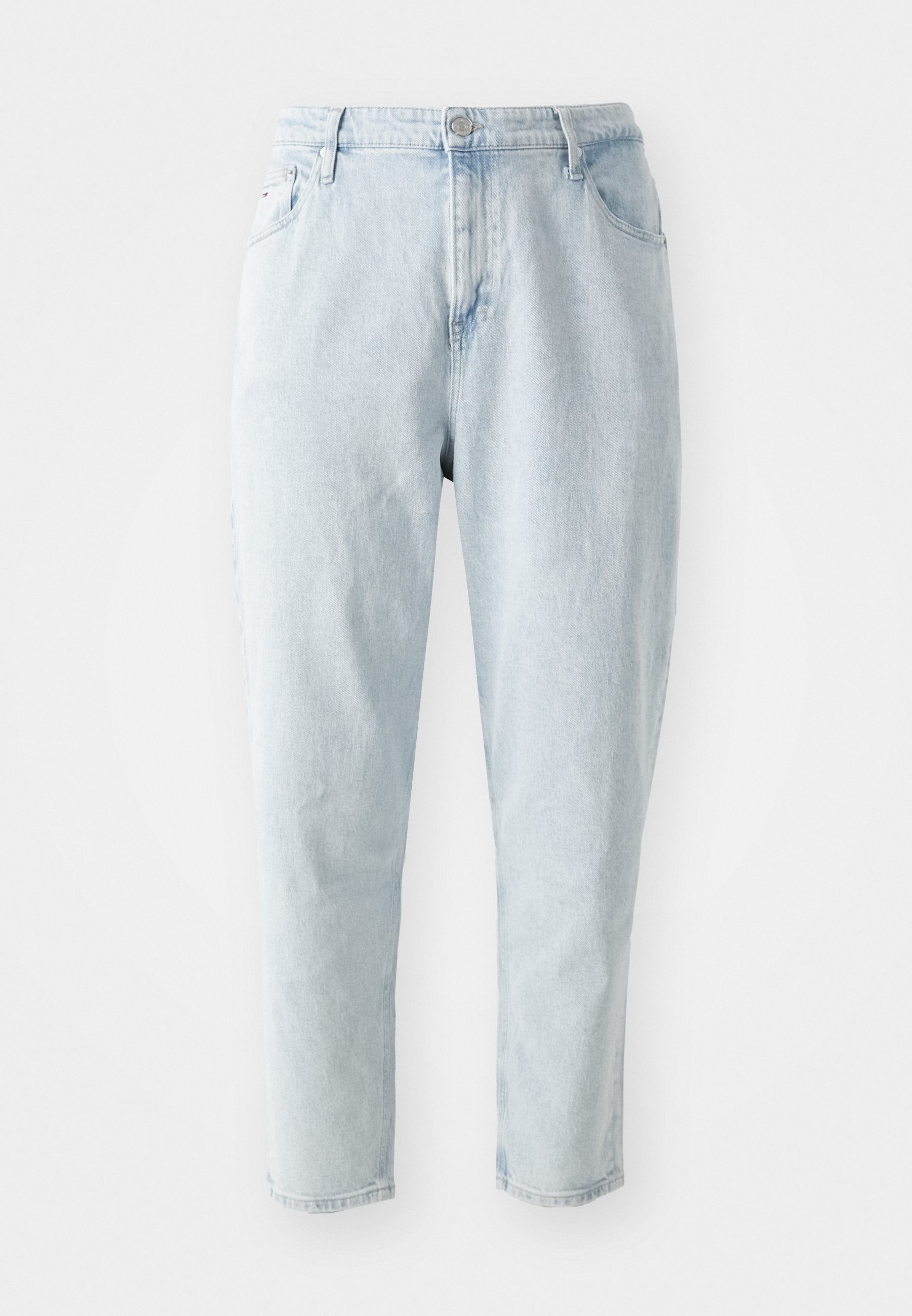 Hellblaue Jeans aus Denim mit hoher Taille, geradem Bein und leicht tailliertem Knöchel. Klassische Fünf-Taschen-Optik.