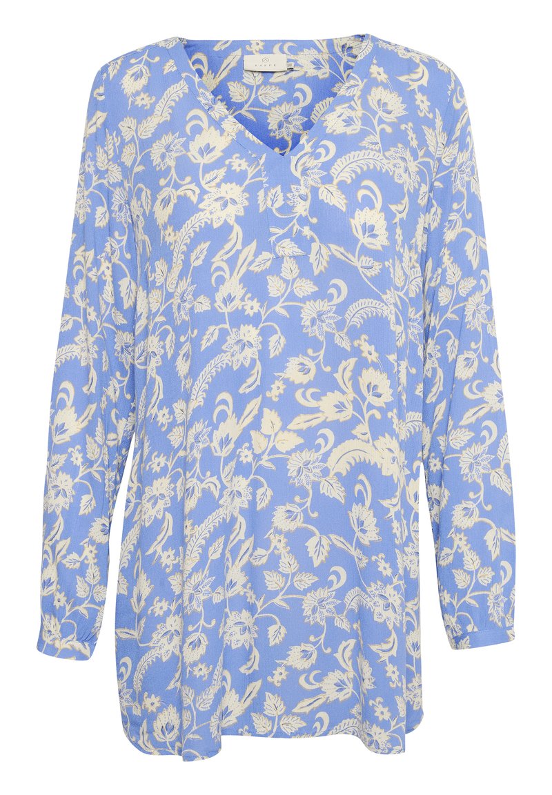 Helle blaue Bluse mit langen Ärmeln und V-Ausschnitt, die mit weißen Blumenmustern verziert ist und aus fließendem Material gefertigt ist. Details umfassen eine lockere Passform und eine weiche Textur.