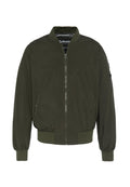 Grüne Bomberjacke aus glattem Material, mit Reißverschluss vorne, gerippten Bündchen und Saum sowie seitlichen Taschen. Minimalistisches Design ohne Muster.