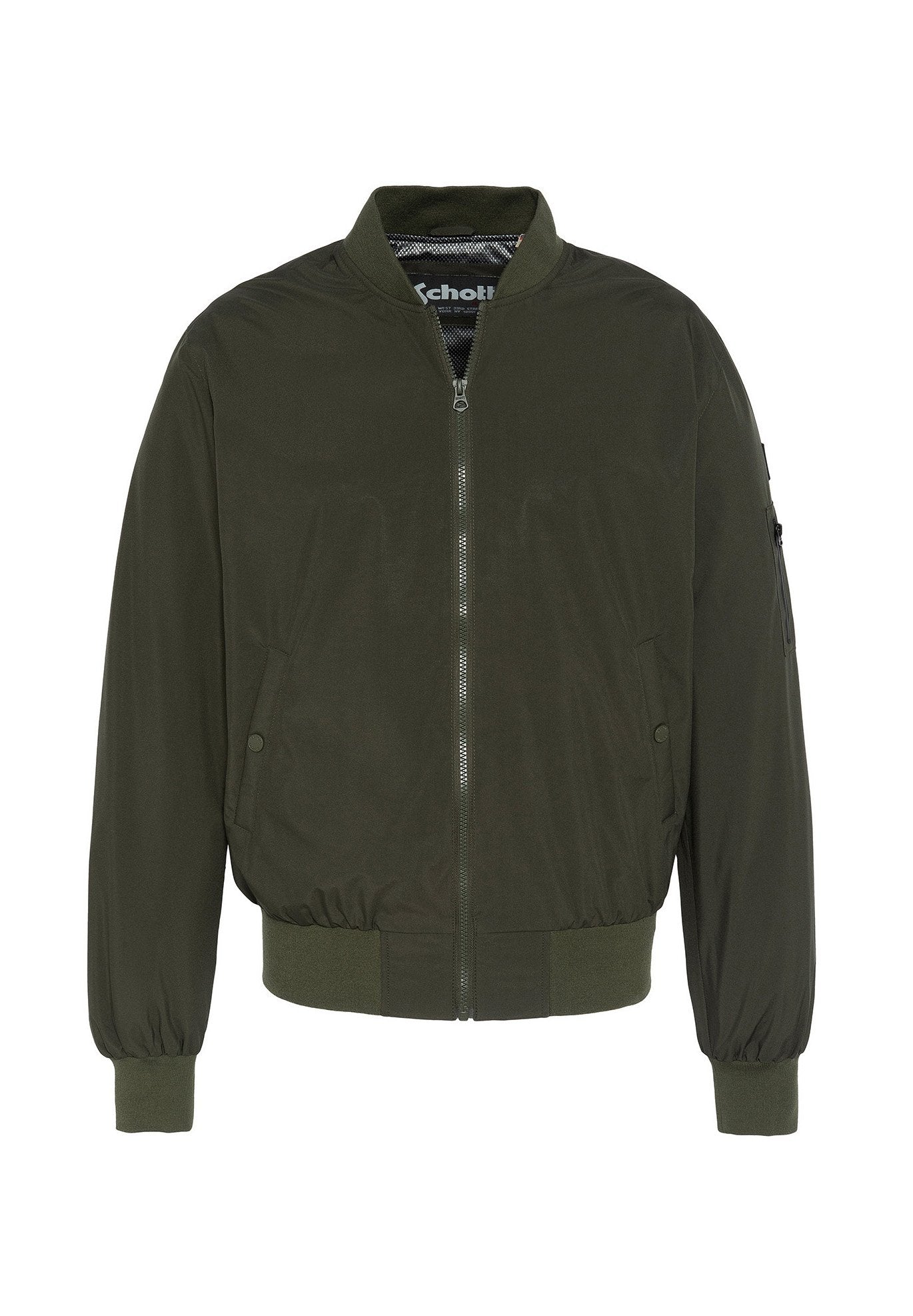 Grüne Bomberjacke aus glattem Material, mit Reißverschluss vorne, gerippten Bündchen und Saum sowie seitlichen Taschen. Minimalistisches Design ohne Muster.