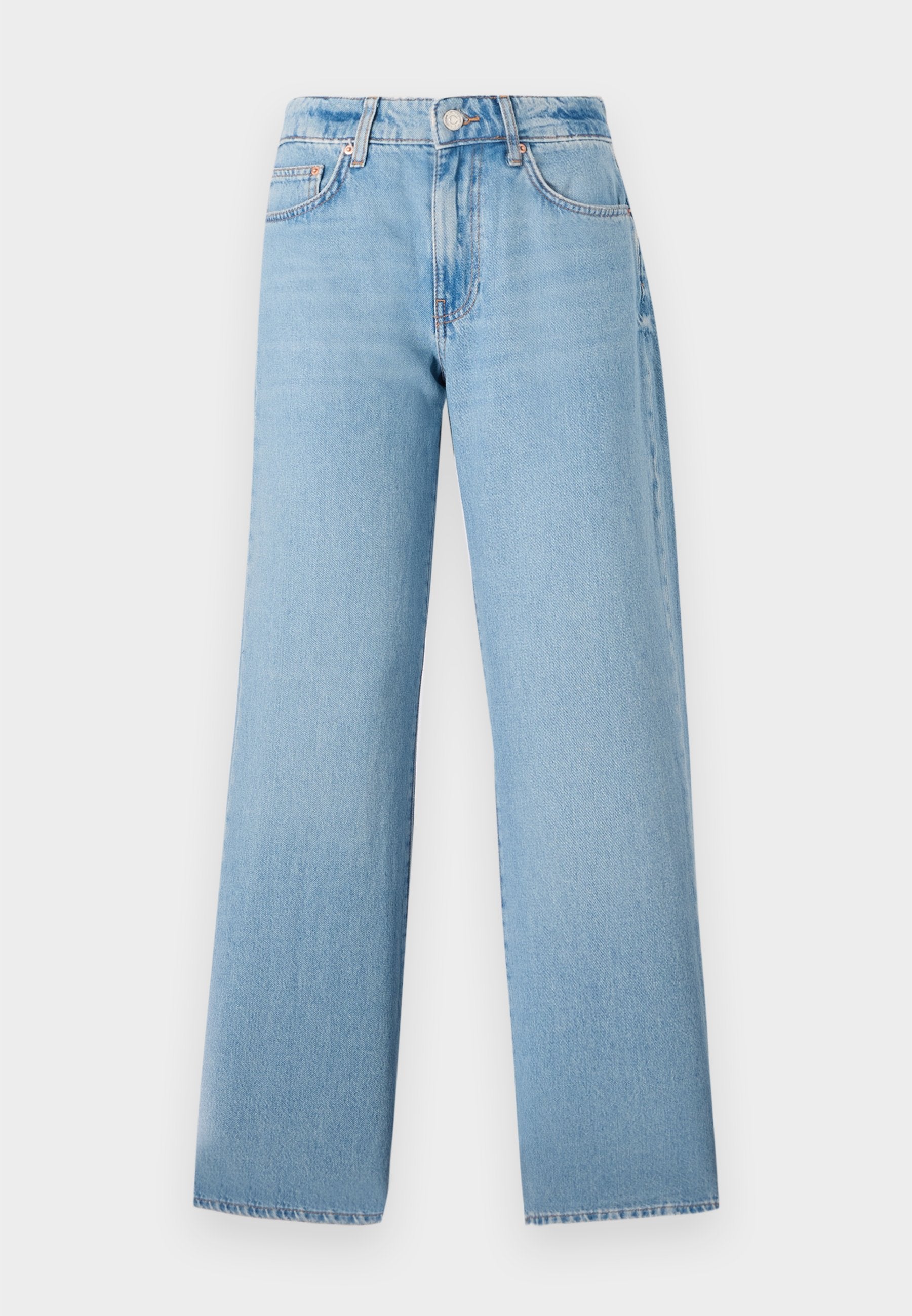 Helle blaue weit geschnittene Jeans aus Denim, mit hoher Taille, fünf Taschen und einem Knopfverschluss mit Reißverschluss.