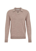 Beige gestrickter Pullover mit V-Ausschnitt und Kragen, langen Ärmeln, gerippten Bündchen und strukturiertem Finish. Leicht und lässiges Design.