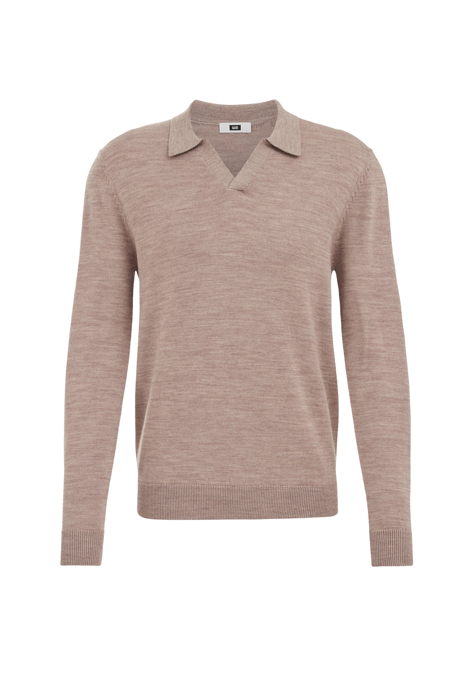 Beige gestrickter Pullover mit V-Ausschnitt und Kragen, langen Ärmeln, gerippten Bündchen und strukturiertem Finish. Leicht und lässiges Design.