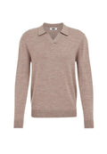 Beige gestrickter Pullover mit V-Ausschnitt und Kragen, langen Ärmeln, gerippten Bündchen und strukturiertem Finish. Leicht und lässiges Design.