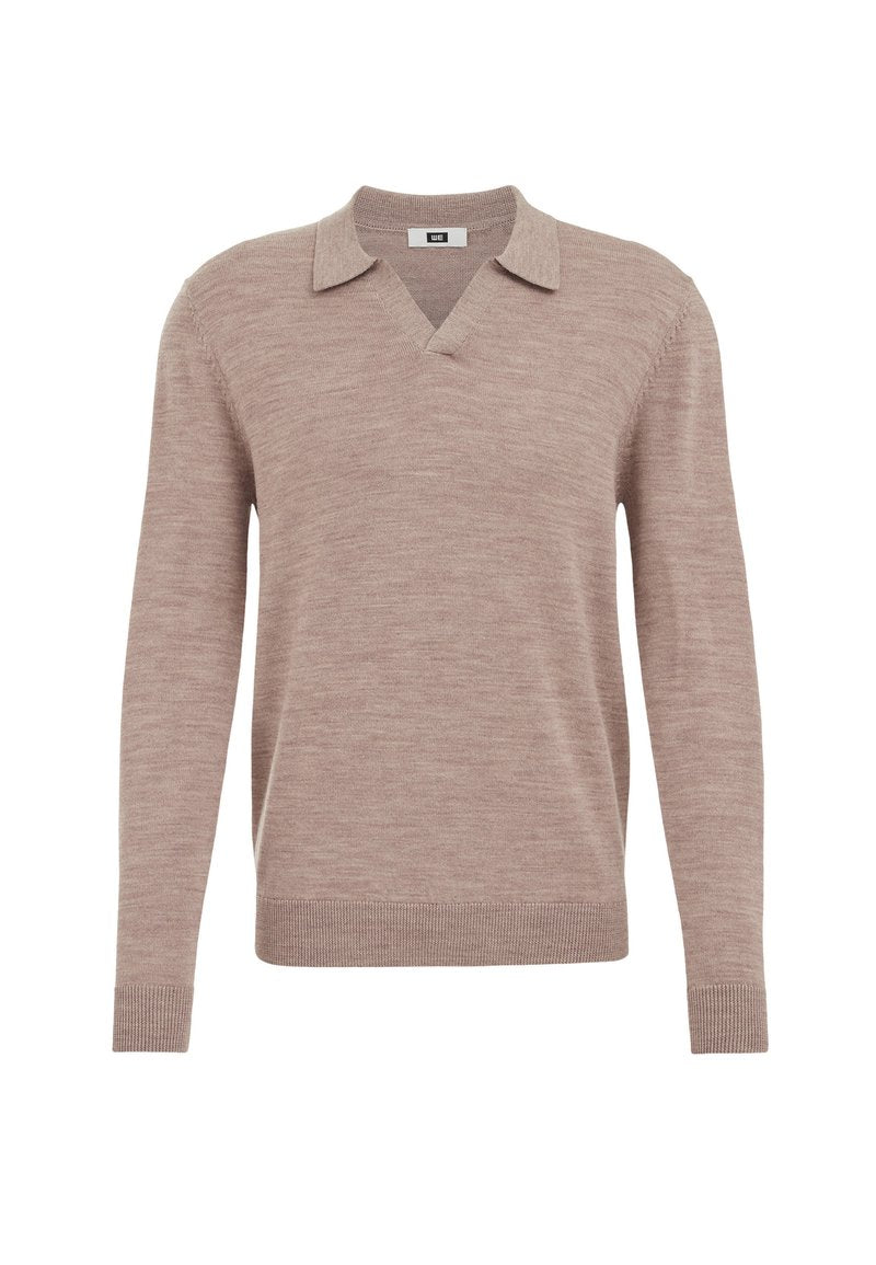 Beige gestrickter Pullover mit V-Ausschnitt und Kragen, langen Ärmeln, gerippten Bündchen und strukturiertem Finish. Leicht und lässiges Design.