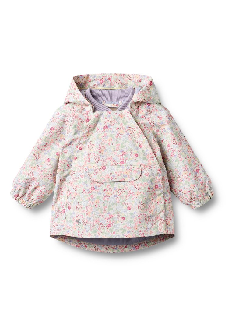 Jacke mit floralem Muster in hellen Pastellfarben, aus wasserdichtem Material, mit Kapuze, elastischen Bündchen und einer Vordertasche.