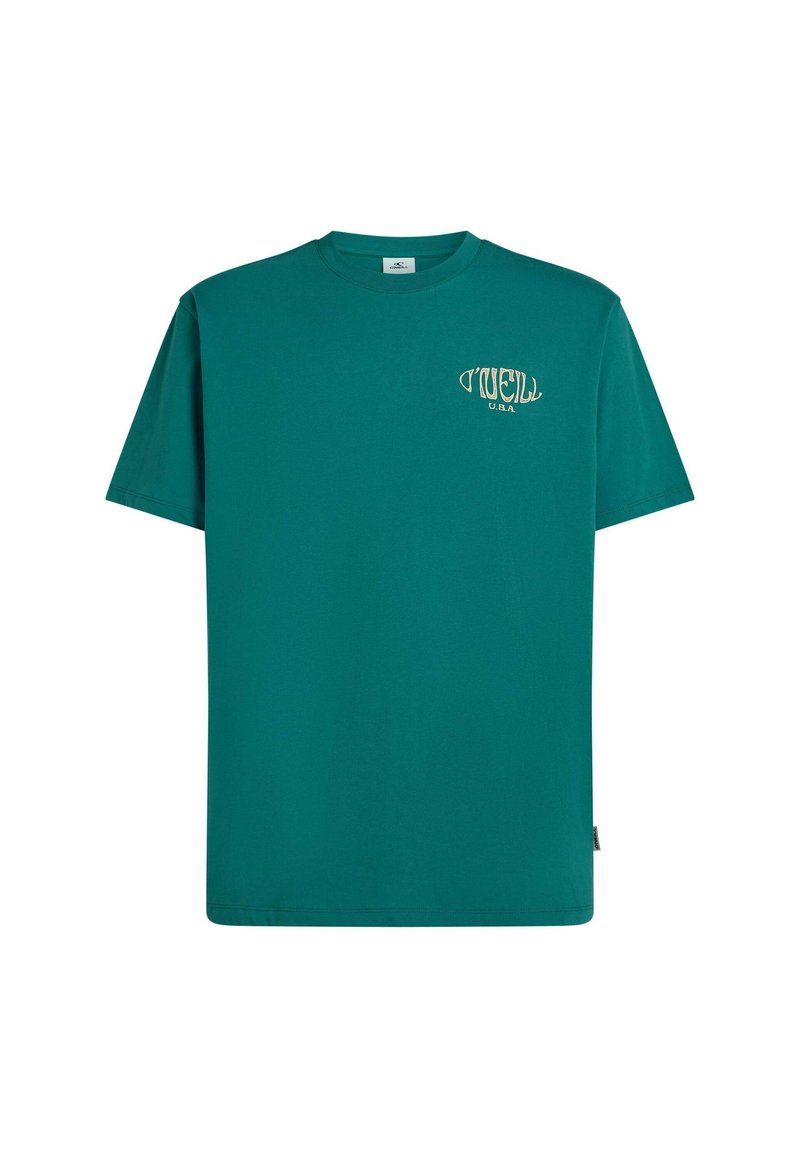 Türkisfarbenes Baumwoll-T-Shirt mit kurzen Ärmeln, rundem Halsausschnitt und einem kleinen weißen Logo auf der linken Brust. Einfaches Design mit lockerem Schnitt.
