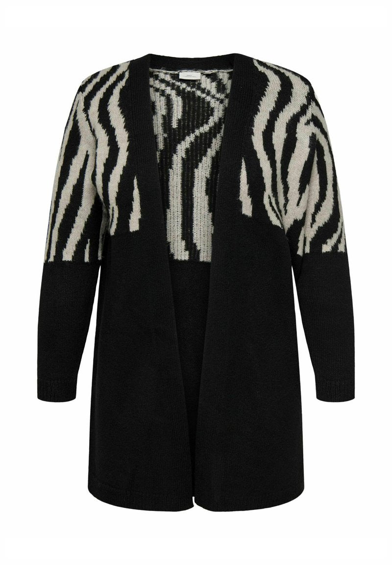 Schwarze und cremefarbene Strickjacke mit einem Zebra-Print im oberen Bereich, offenes Vorderdesign, lange Ärmel und einem strukturierten Strickmaterial.