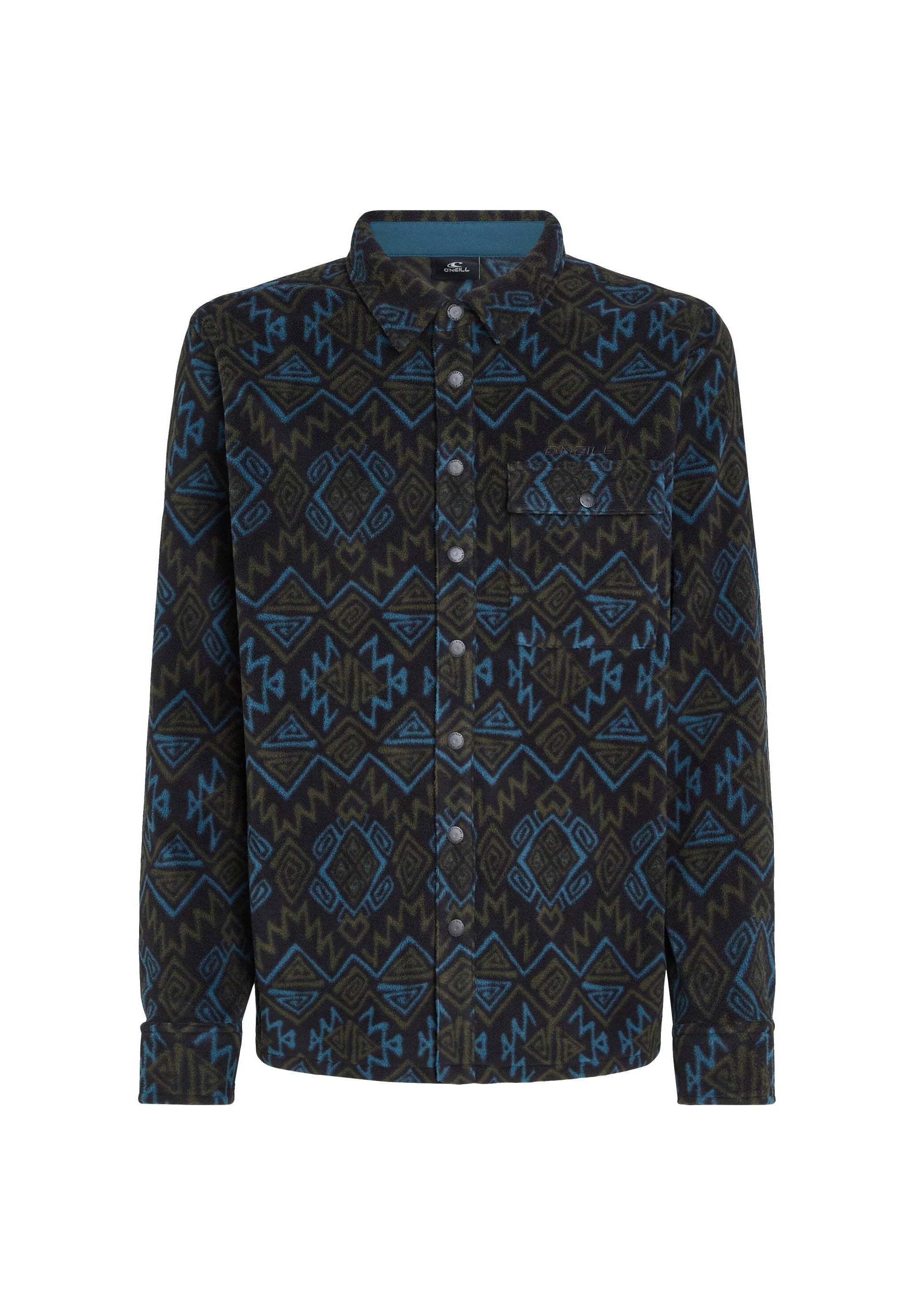 Hemd aus Flanellstoff mit einem dunkelgrünen und blauen geometrischen Muster, mit einer Brusttasche und einem Kragen.