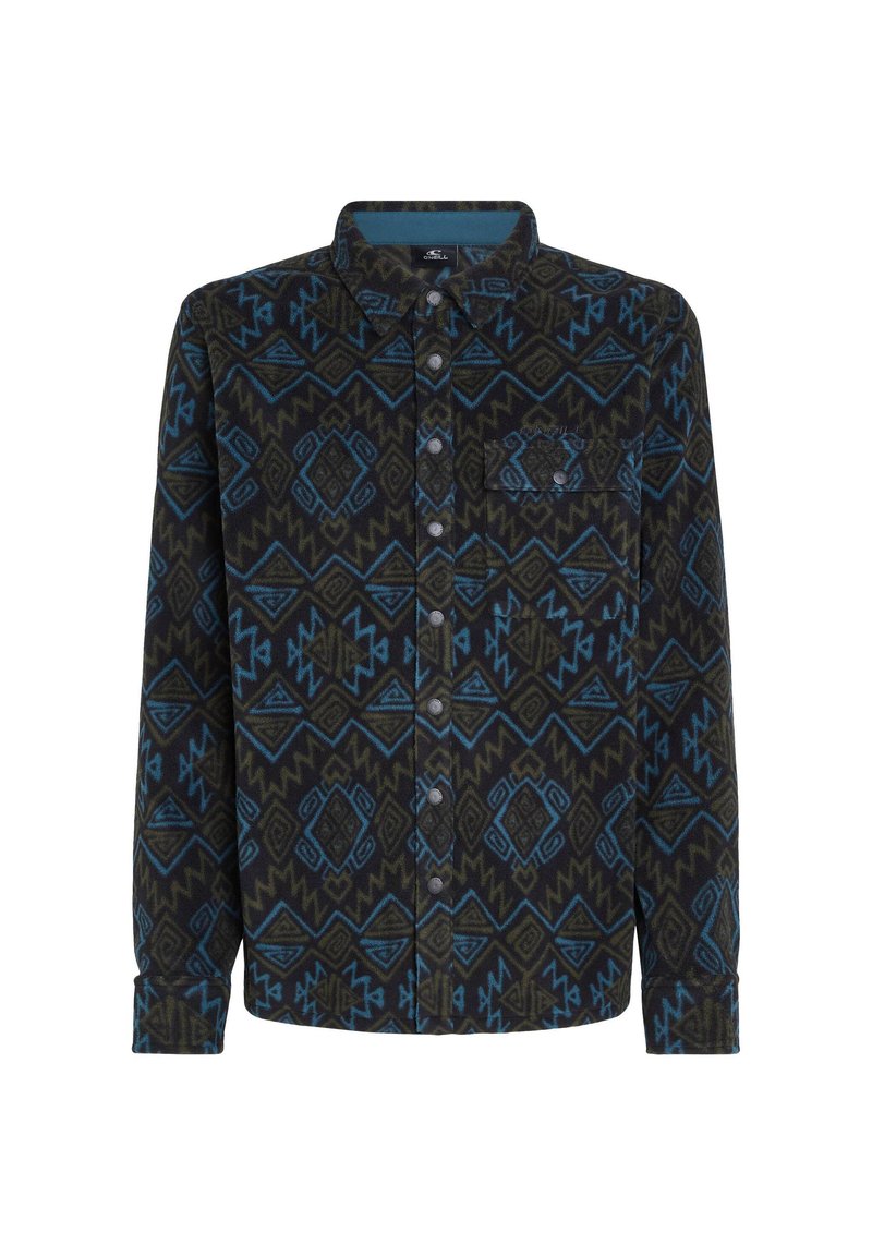 Hemd aus Flanellstoff mit einem dunkelgrünen und blauen geometrischen Muster, mit einer Brusttasche und einem Kragen.