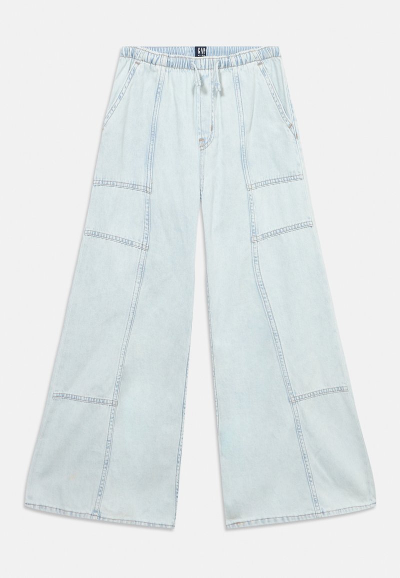 Hellblaue, weite Jeanshosen mit elastischem Bund, Kordelzug, aufgesetzten Taschen und sichtbaren Nahtdetails.