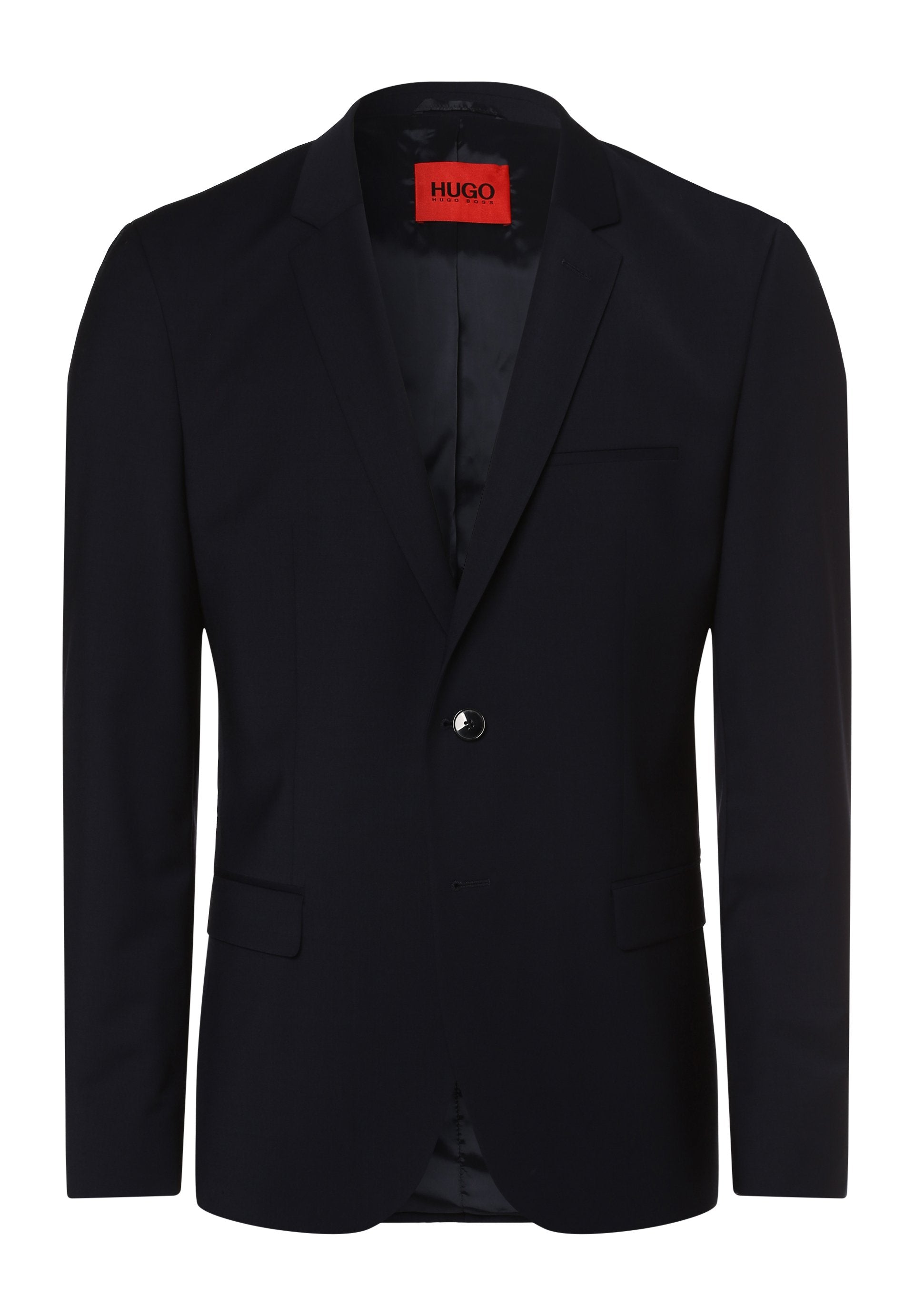 Marineblauer, taillierter Blazer, mit einem Knopfverschluss, Reverskragen, zwei Vorderaschen, weichem Stoff und glatter Innenauskleidung mit rotem Markenlabel.