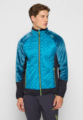 Herrenjacke mit einer blauen gesteppten Vorderseite, weichen türkisfarbenen Ärmeln, schwarzen Seiten und einem gelben Reißverschluss. Das Design umfasst seitliche Taschen und einen hohen Kragen.