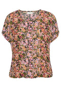 Blumenbluse mit einem mehrfarbigen Muster in Rosa-, Gelb- und Grüntönen auf dunklem Hintergrund. Leichter Stoff und lockere Passform.