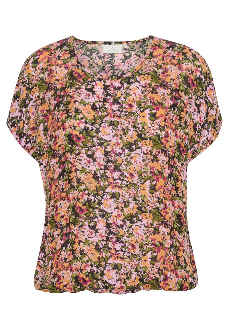 Blumenbluse mit einem mehrfarbigen Muster in Rosa-, Gelb- und Grüntönen auf dunklem Hintergrund. Leichter Stoff und lockere Passform.