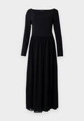 Schwarzes, langärmeliges Maxikleid mit tailliertem Oberteil und gerafftem Bund, aus einem glatten, leichten Material gefertigt, mit weitem Rundhalsausschnitt.