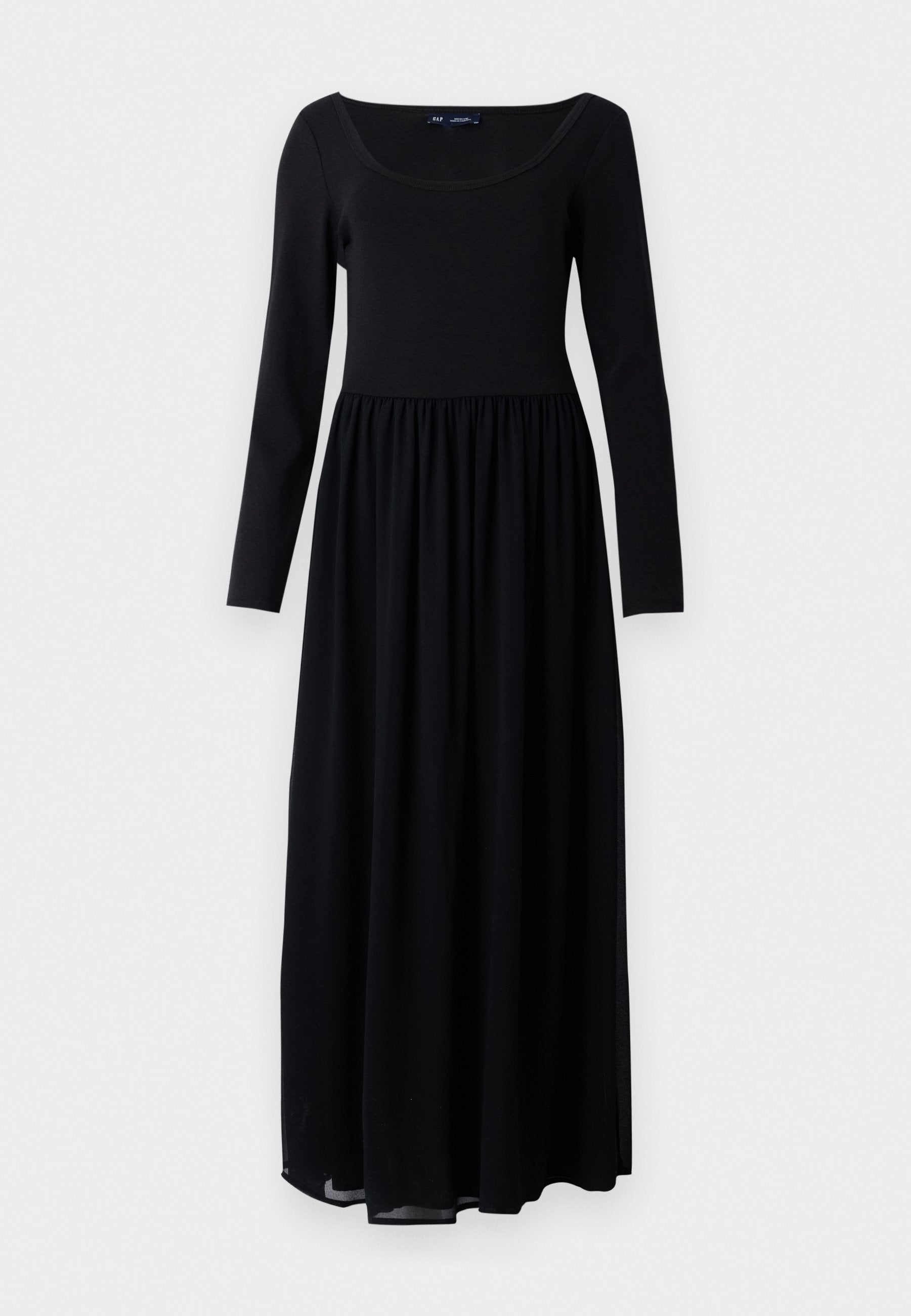 Schwarzes, langärmeliges Maxikleid mit tailliertem Oberteil und gerafftem Bund, aus einem glatten, leichten Material gefertigt, mit weitem Rundhalsausschnitt.