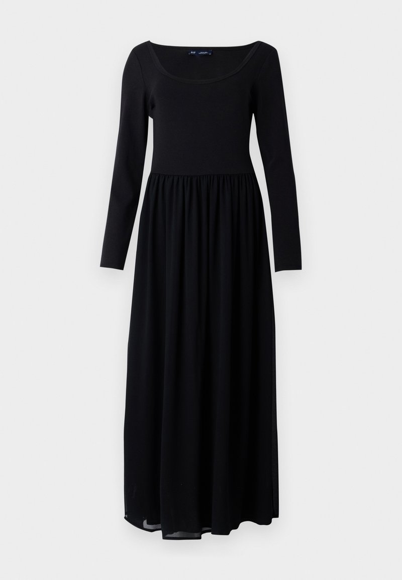 Schwarzes, langärmeliges Maxikleid mit tailliertem Oberteil und gerafftem Bund, aus einem glatten, leichten Material gefertigt, mit weitem Rundhalsausschnitt.