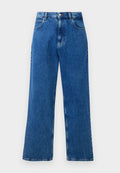 Blaue hochgeschnittene, weit geschnittene Jeans aus Denim mit Frontknopf- und Reißverschluss, Gürtelschlaufen und fünf Taschen.