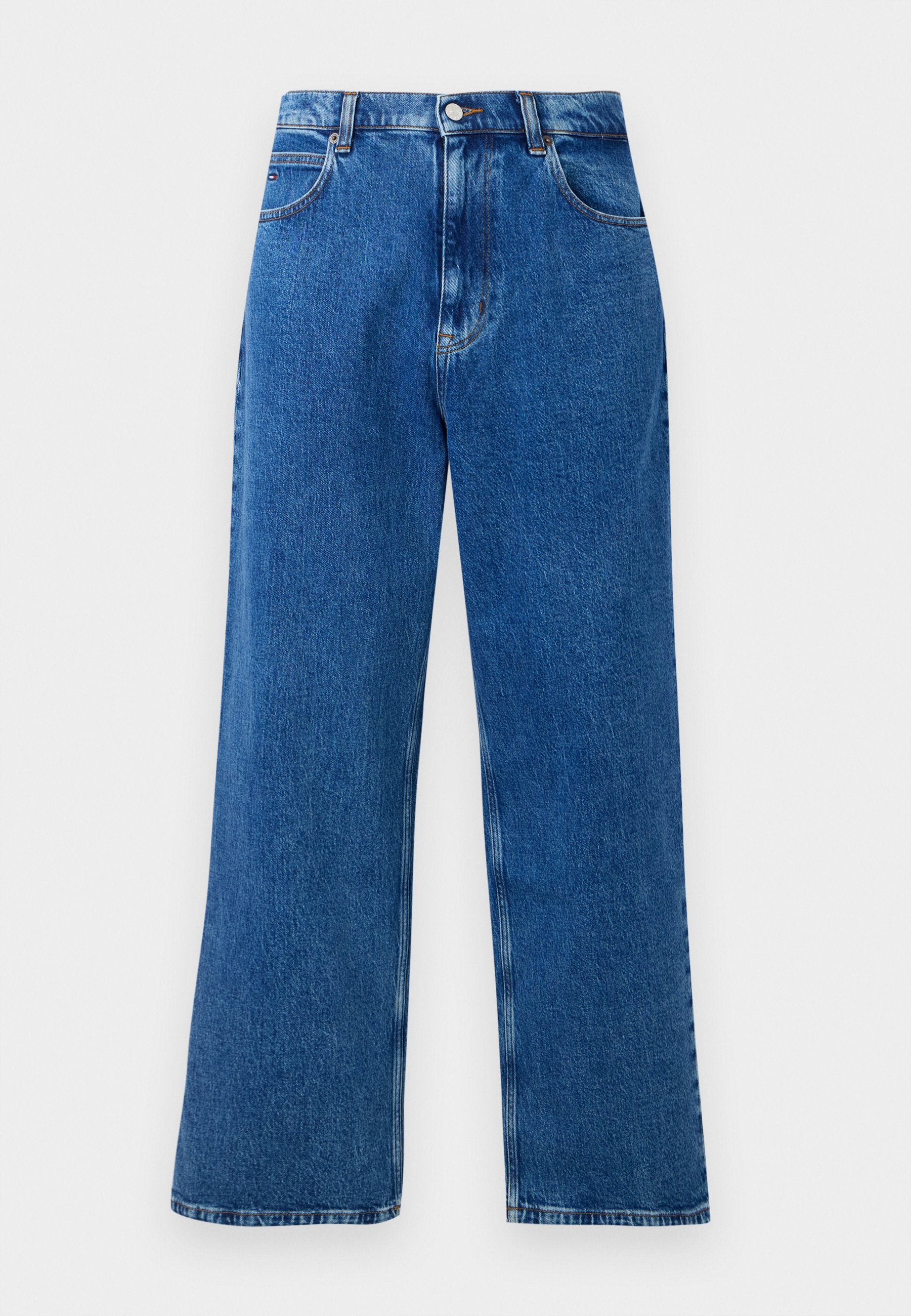 Blaue hochgeschnittene, weit geschnittene Jeans aus Denim mit Frontknopf- und Reißverschluss, Gürtelschlaufen und fünf Taschen.