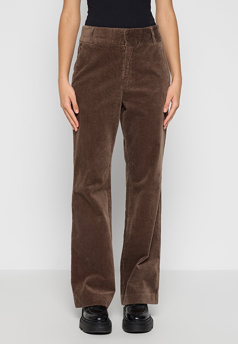 Braune Baumwollcord-Hosen mit geradem Bein, ausgestattet mit einem strukturierten Stoff, Fronttaschen und einer mittelhohen Taille.