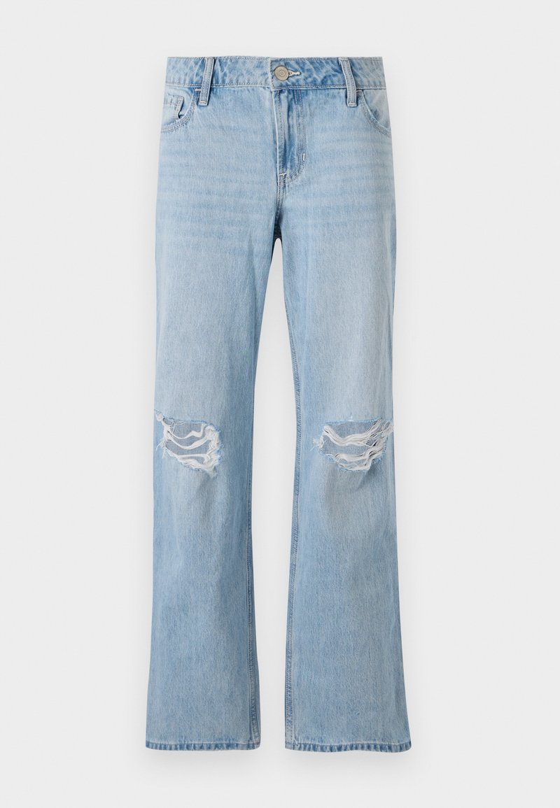 Helles blaues Denim-Jeans mit geradem Bein, ausgestattet mit zwei Rissen an den Knien, einem Metallknopfverschluss und fünf Taschen.
