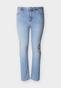 Hellblaue Jeans aus Denim mit geradem Schnitt, Fünf-Taschen-Design, Reißverschluss und Knopfverschluss.