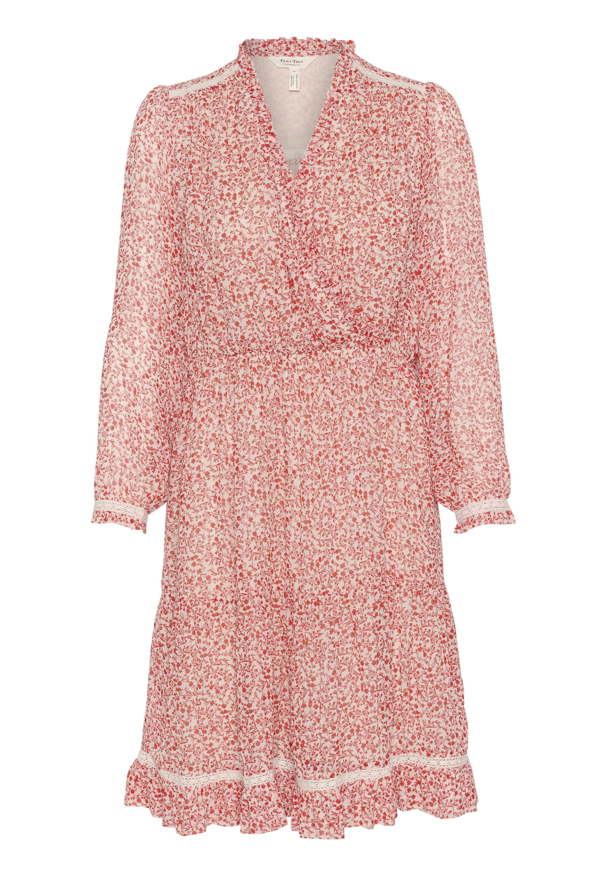 Blumenmusterkleid aus transparenter Stoff mit rot-weißer Musterung. V-Ausschnitt, lange Ärmel, geraffte Manschetten und Rüschensaum. Taillendetail betont.