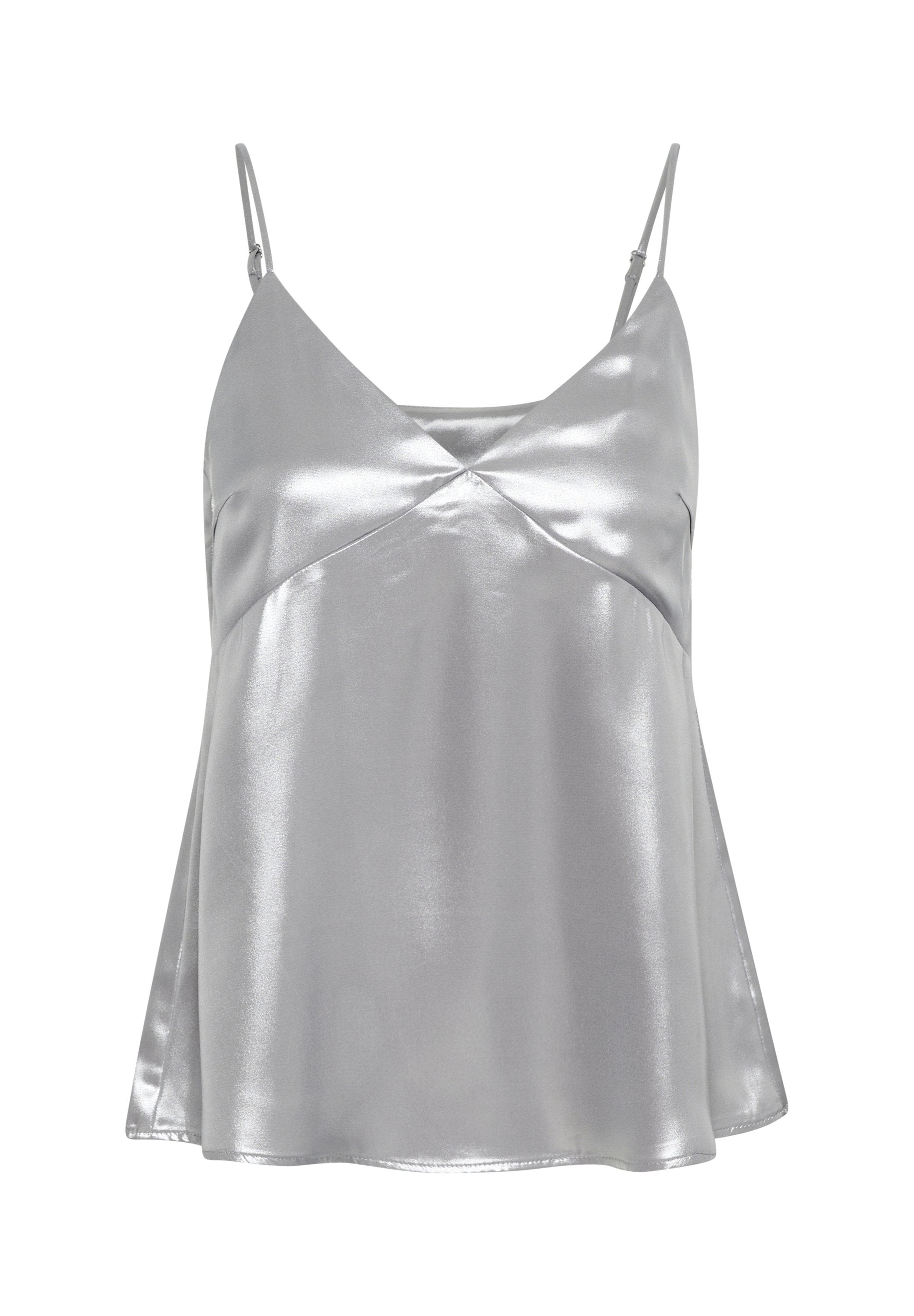 Silberne Satin-Camisole mit V-Ausschnitt und dünnen verstellbaren Trägern. Verfügt über eine fließende A-linien Silhouette und eine glatte, glänzende Textur.