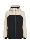 Skijacke in Creme und Schwarz mit einem orangefarbenen Reißverschluss. Verfügt über eine Kapuze, eine Reißverschlusstasche auf der Brust und verstellbare Bündchen für einen sicheren Sitz.